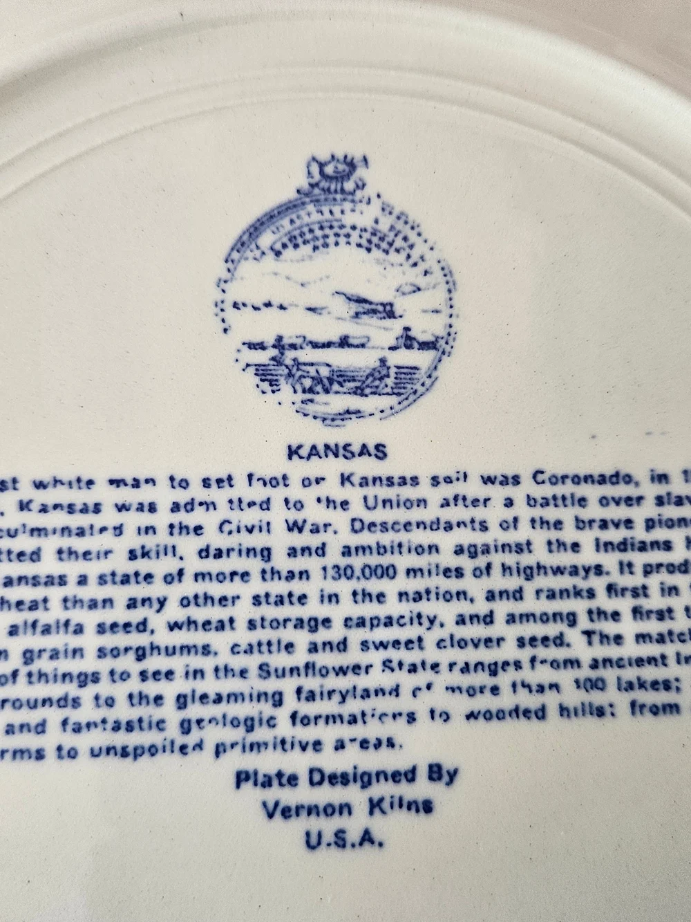 Vernon Kilns 1940s- 50s Kansas Blue and White Decorative Collector Plate